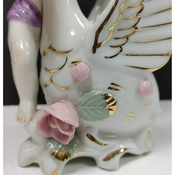 Vintage Ucagco Porcelain Cherub & Swan Figurine With Gold Accents Flower Vase - Picture 9 of 10